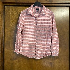 Jones & Co Women’s Medium Linen Blend Red & White Striped Button Up Shirt Preppy